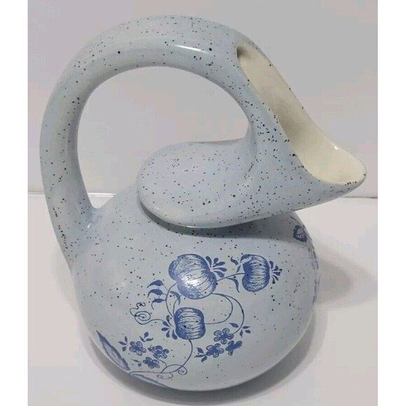 Unusual Pitcher Creamer Honey Pot Blue Speckled W Pumpkins Flowers Marked MPS 6" - Picture 2 of 7